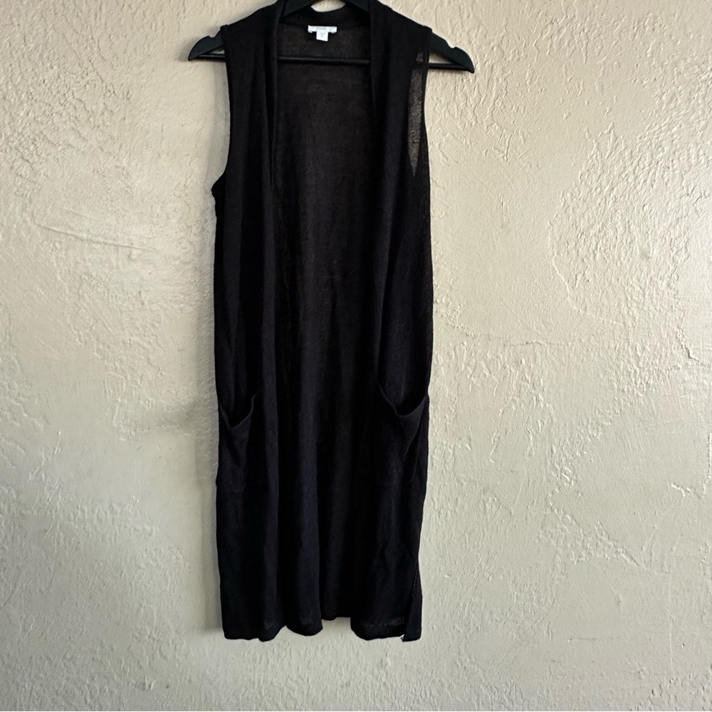 Black Sleeveless Open Front Long Vest Linen Blend